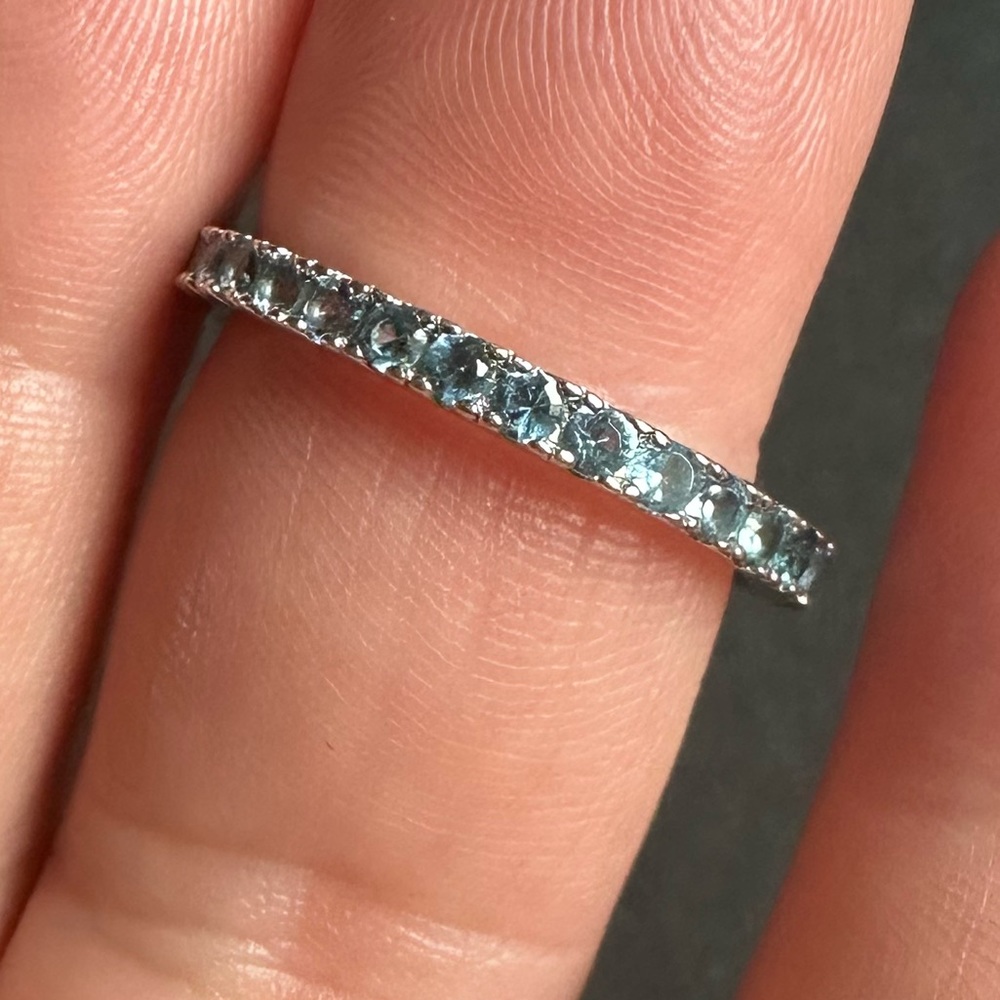 Suzy Levian Sterling Silver Thin Aqua Cubic Zirconia Eternity Band New - Picture 2 of 9